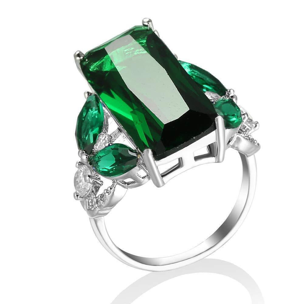 3194 Huge Lab-Grown Green Gemstone Ring Emerald Cut CZ Cubic Zirconia